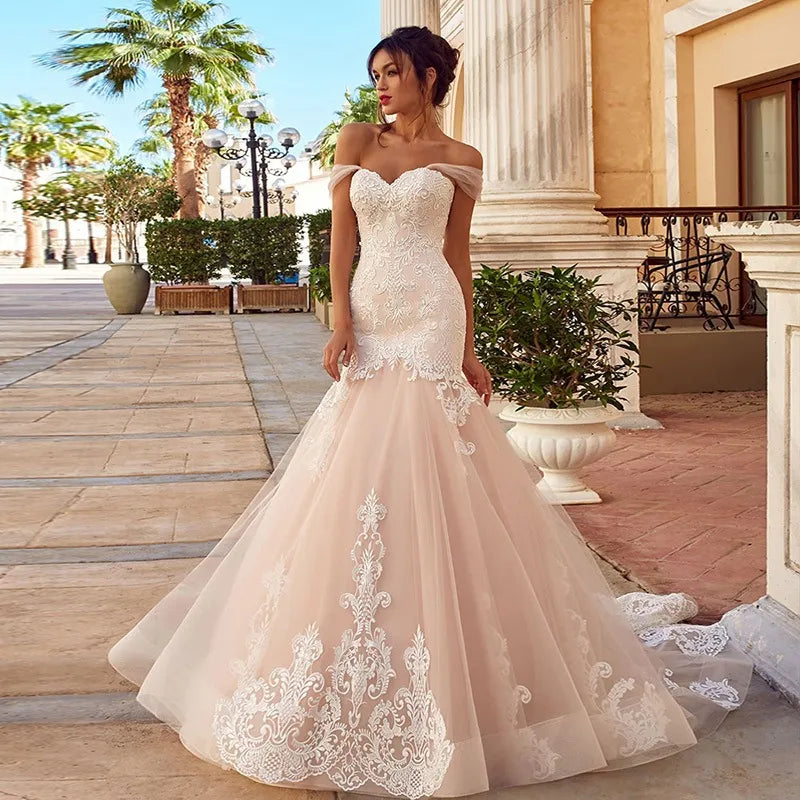 Apliques Vestido De Noiva Sexy espalda descubierta sirena Vestidos De Novia fuera del hombro con cordones Vestidos De Novia bata De encaje