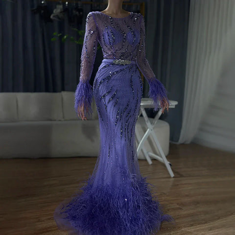 Elegant Mermaid Evening Dress Arabic Purple Beaded Feathers | Luxury Gown for Women's Wedding Party 2025 LA72367