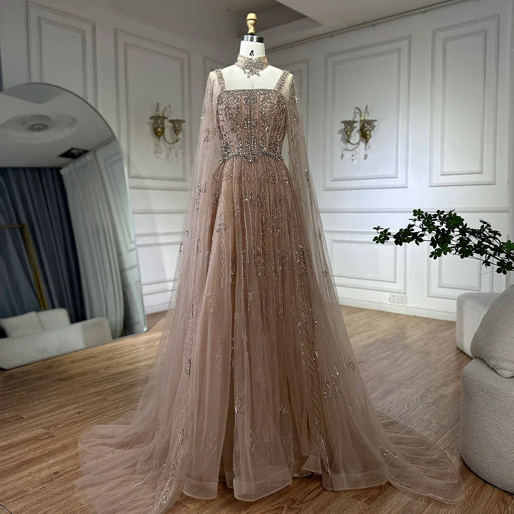 Vestido de noche de lujo saudí LA72764, corte A, manga capa, con cuentas de cristal, estilo árabe, color nude, ideal para ocasiones formales (modelo 2025).