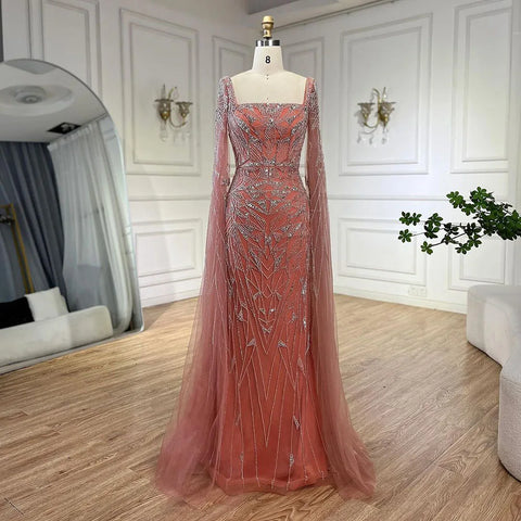 Nude Pink Luxury Evening Dresses with Cape Sleeves LA72261
