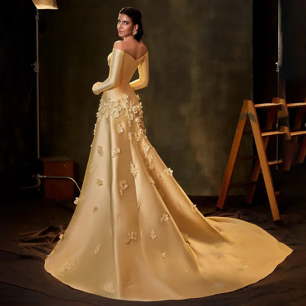 Vestido de noche corte A, satén amarillo Arabia, sin tirantes, con apliques, para ocasiones formales LA72833 