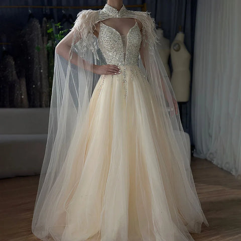 Arabic Beige A-Line Feathers Long Cape Luxury Beaded Saudi Evening Dresses Gowns for Formal Occasion 2025 LA72722