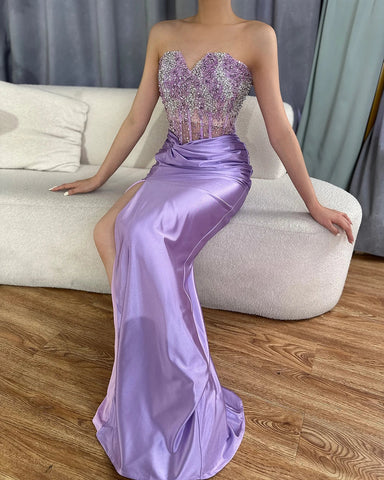 Luxury Dubai Lilac Split Strapless Mermaid Beaded Arabic Evening Dresses Gowns for Women Wedding Party 2025 LA72329
