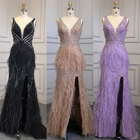 Gold Sexy High Split Mermaid Evening Dresses Gowns Backless Luxury Beaded Feather 2025 For Women Party LA71583
