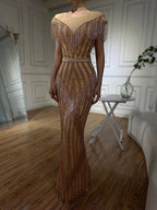 On Sale no return no refundSale Gold Luxury Sleeveless Mermaid Evening Dresses Elegant Sparkle Evening Gowns LA6543