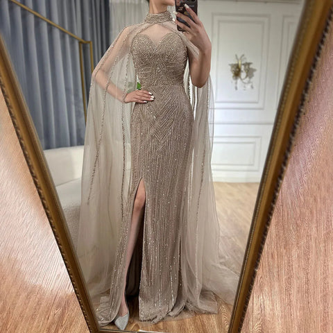 Caramel Cape Sleeves Mermaid High Split Beaded Evening Dresses Long Celebrity Gowns For Woman Party LA72233