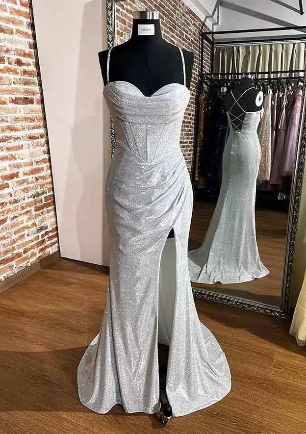 Vestido de fiesta de sirena elegante plateado árabe 2025 con tirantes finos, lentejuelas y abertura plisada para mujer LA72685 