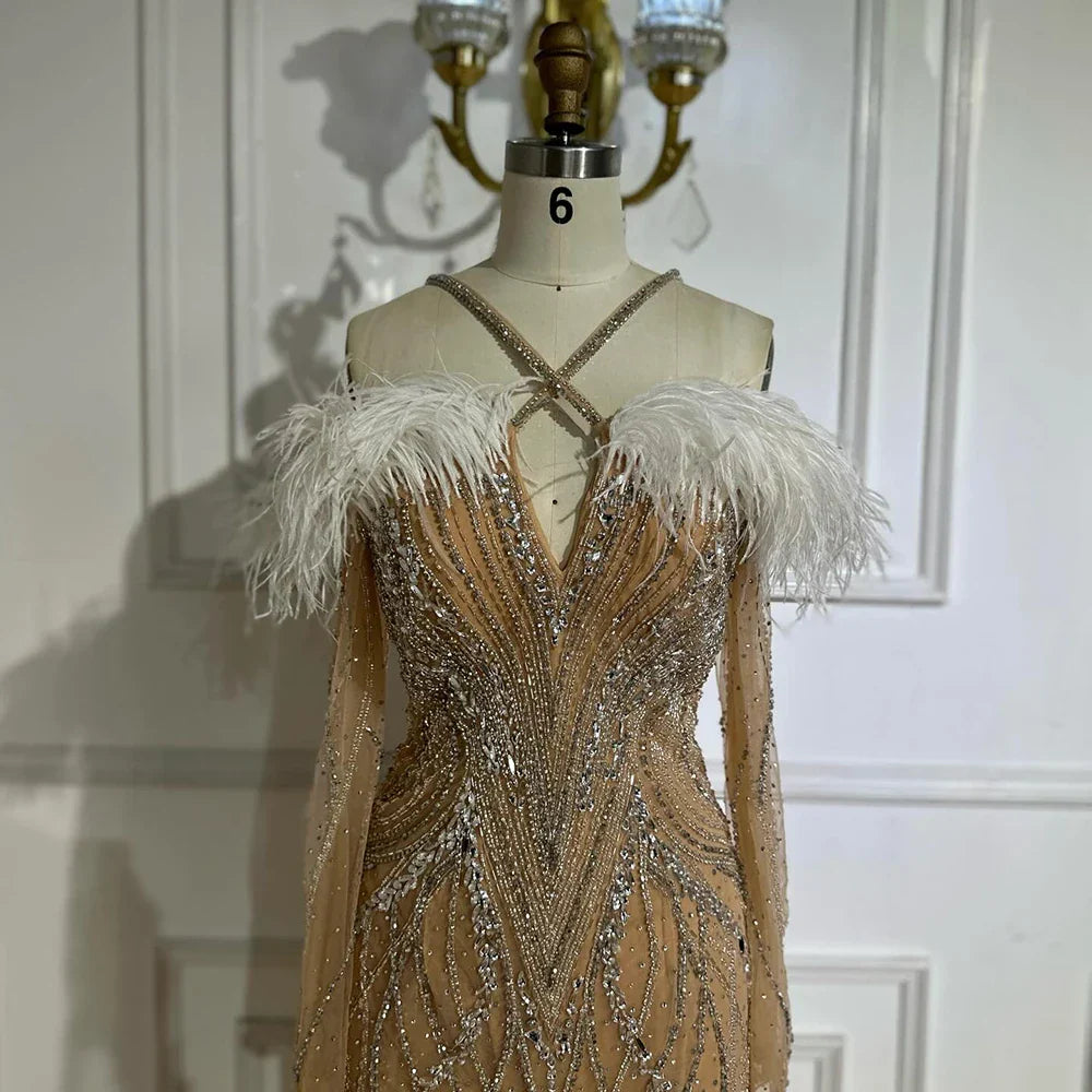 Vestidos de noche de sirena de lujo con plumas azules y cuentas para mujer, ideales para ocasiones formales (LA72836)