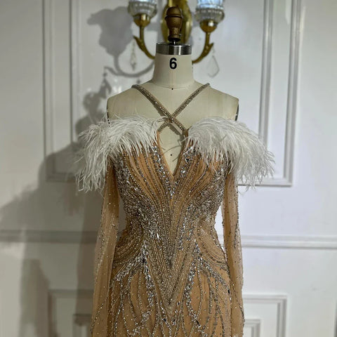 Vestidos de noche de sirena de lujo con plumas azules y cuentas para mujer, ideales para ocasiones formales (LA72836)