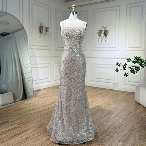 Vestido de noche sirena color piel: elegante y lujoso, con cuentas de perlas. Perfecto para la fiesta de bodas de 2025. LA72321