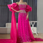 Vestidos de noche de sirena con cuentas negras, estilo princesa, con mangas abullonadas y sobrefalda, para ocasiones formales (LA72002) 