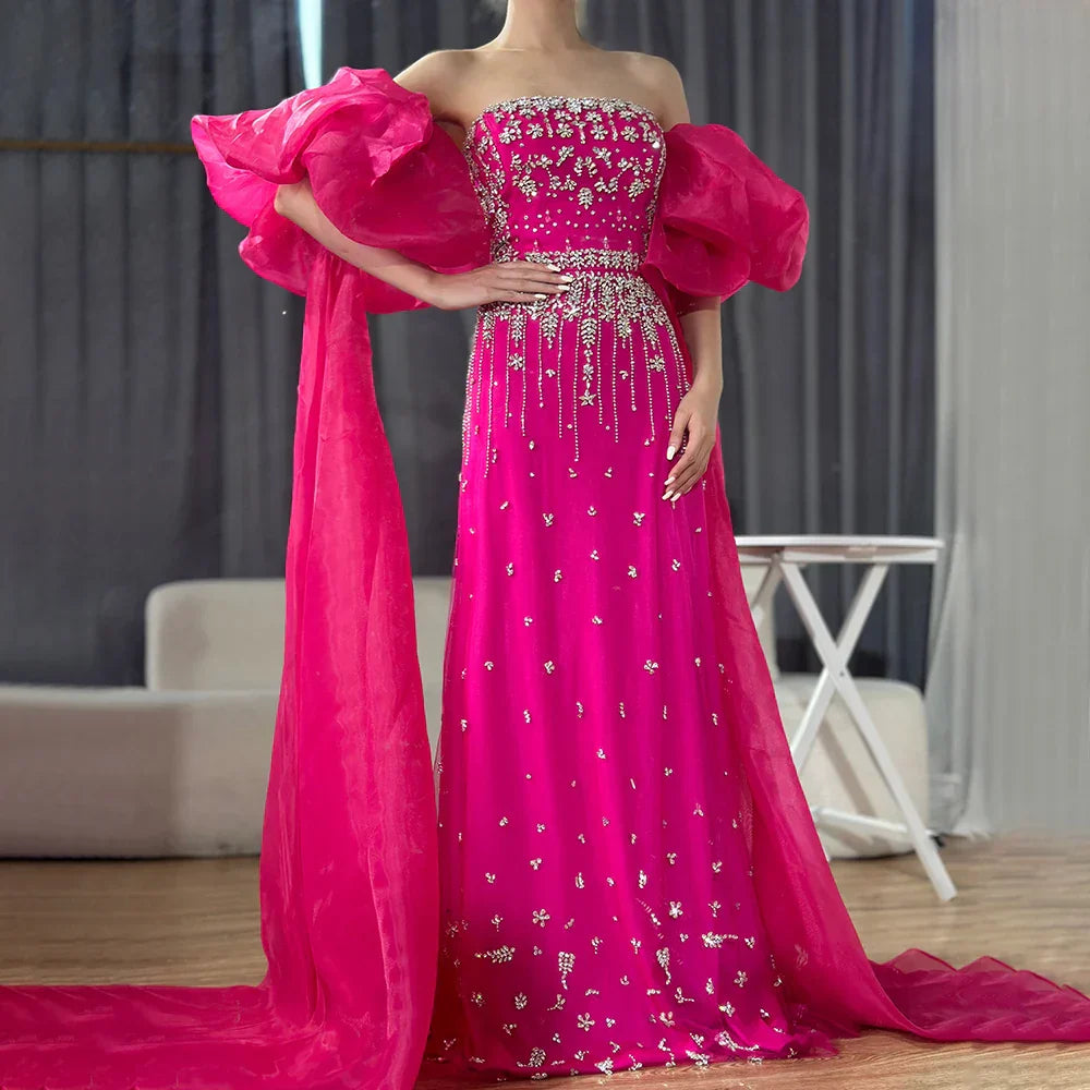 Vestidos de noche de sirena con cuentas negras, estilo princesa, con mangas abullonadas y sobrefalda, para ocasiones formales (LA72002) 