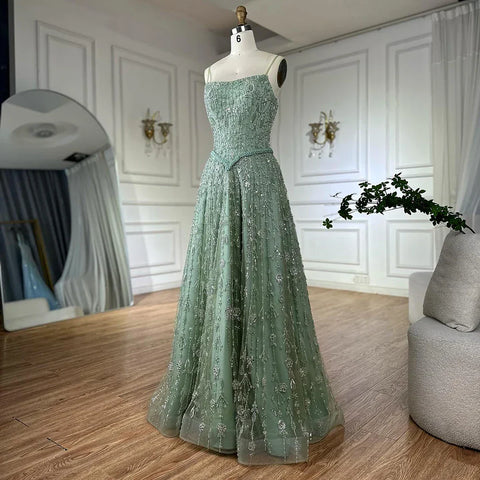 Sage Green Beaded A-Line Spaghetti Strap Evening Dress Gown LA72805