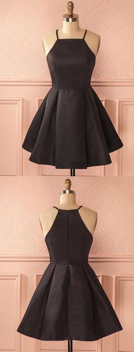 Vestido corto de satén negro para baile de bienvenida, corte en A, escote cuadrado y pliegues S414