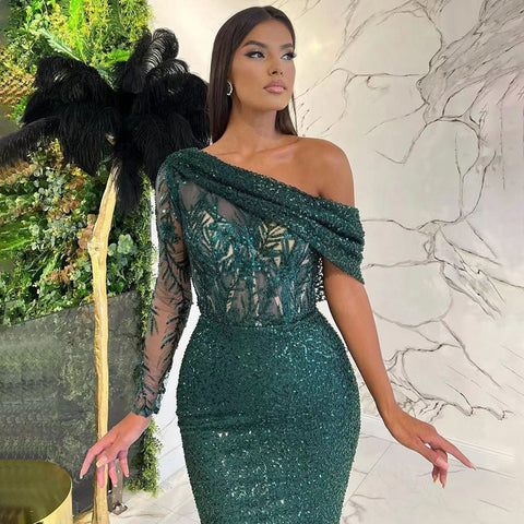 Green Mermaid Elegant Sexy One-Shoulder Evening Dresses Gowns 2025 Luxury Pearls Beaded For Women Party LA71717