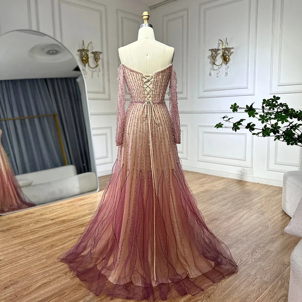Vestidos de noche largos, elegantes, de corte A, color púrpura árabe, con cuentas, para ocasiones formales LA72752 