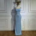 Vestido de noche de sirena azul árabe con tirantes finos, lujoso vestido de noche saudí con cuentas para ocasiones formales LA72725 