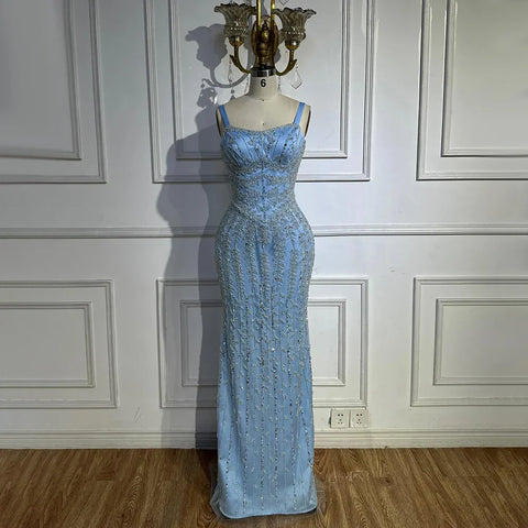 Robe de soirée sirène bleu arabe à bretelles spaghetti, luxueuse robe de soirée saoudienne perlée pour une occasion formelle, LA72725 