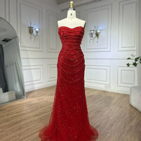 Red Long Cape Pearls Beaded Mermaid Evening Dresses Gowns For Formal Occasion 2025 LA72585A