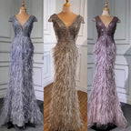 Brown Mermaid Elegant Luxury Beaded Evening Dress Gown with Feathers LA70801