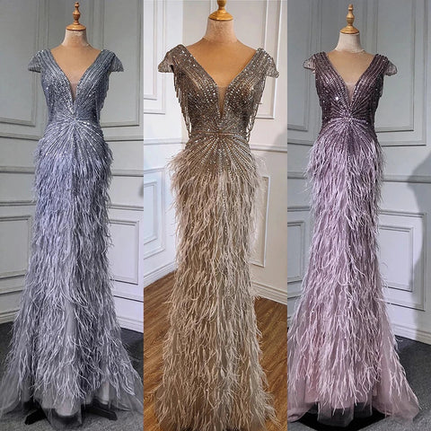 Vestido de noche de sirena marrón, elegante y lujoso, con cuentas y plumas LA70801 