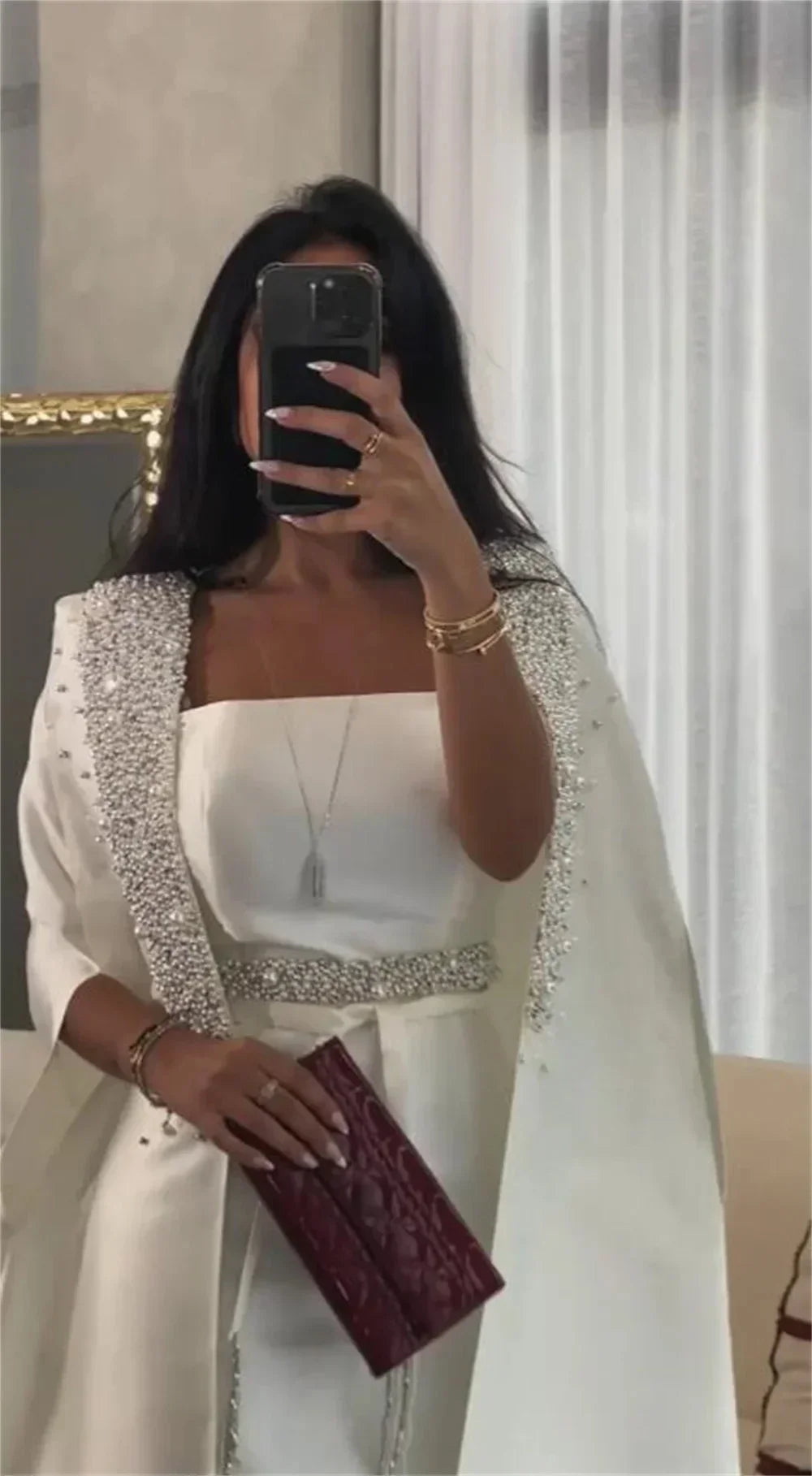 Vestido de noche árabe blanco de satén estilo sirena con capa larga para ocasiones formales LA72825 