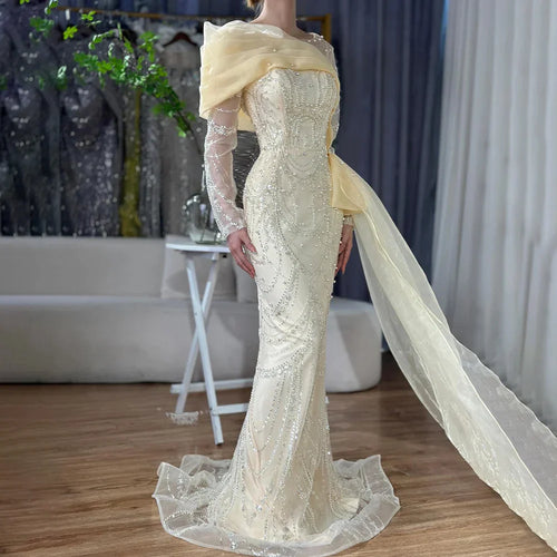 2025 Pink Mermaid Luxury Beaded Pearls Evening Dress with Overskirt Gown for Formal Occasion LA72348A