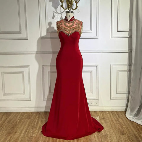 Arabic Wine Red Mermaid Elegant Satin Beaded Luxury Dubai Evening Dresses Gowns For Women Wedding Party 2025 LA72556