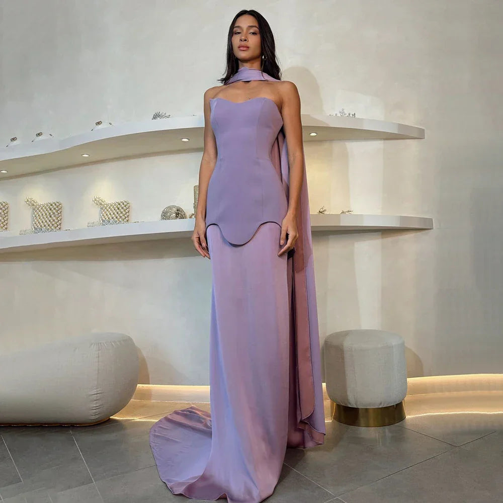 Vestidos de noche de satén color púrpura árabe estilo sirena con capa larga para ocasiones formales LA72813 