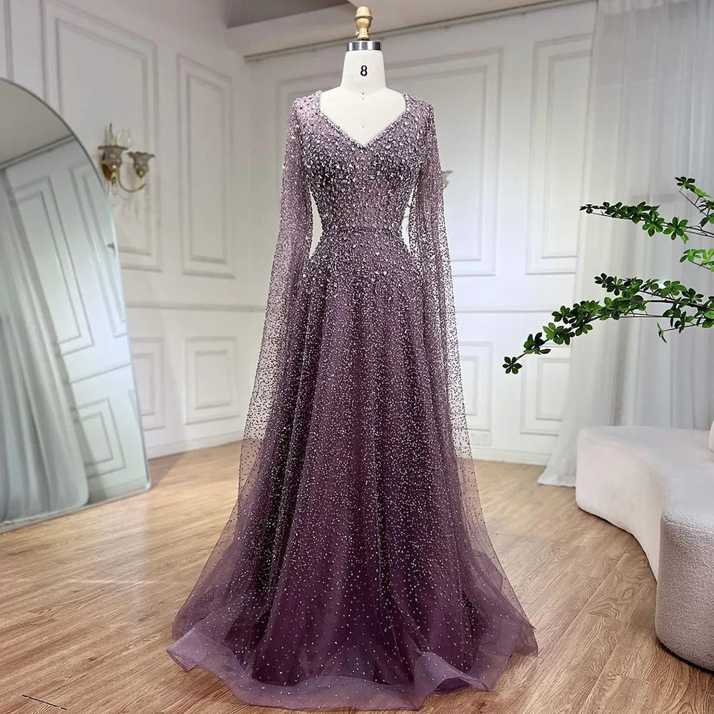 Vestido de noche corte A, manga capa, con cuentas color caramelo, estilo árabe saudí, para ocasiones formales (LA72147A) 