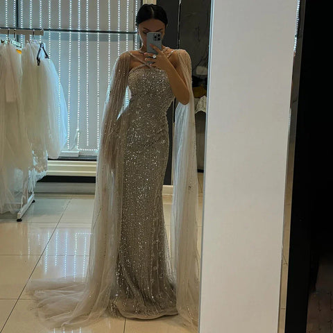 Caramel Elegant Cape Sleeves Beaded Mermaid Luxury Dubai Evening Dresses Gowns For Women Wedding Party 2025 LA71905B