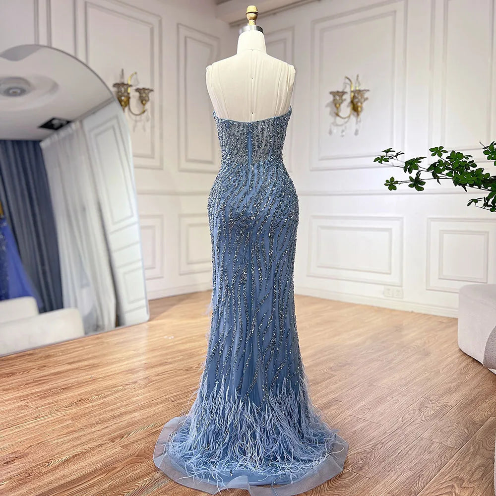 Vestido de noche de lujo árabe sin tirantes, azul con cuentas y plumas, estilo Dubai, con falda lateral, para mujer, ideal para bodas y fiestas (LA72695) 