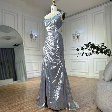 Vestido de noche de lujo de Dubái, elegante, plateado, de un solo hombro, con cuentas, corte sirena y abertura lateral, para fiestas de mujer LA72672 