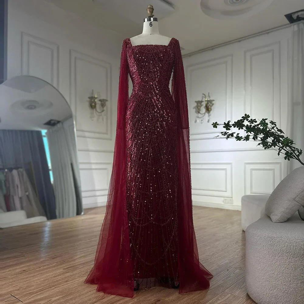 Vestido de noche de sirena color turquesa de Arabia Saudita, con mangas tipo capa con perlas y cuentas, ideal para ocasiones formales (LA72590A) 