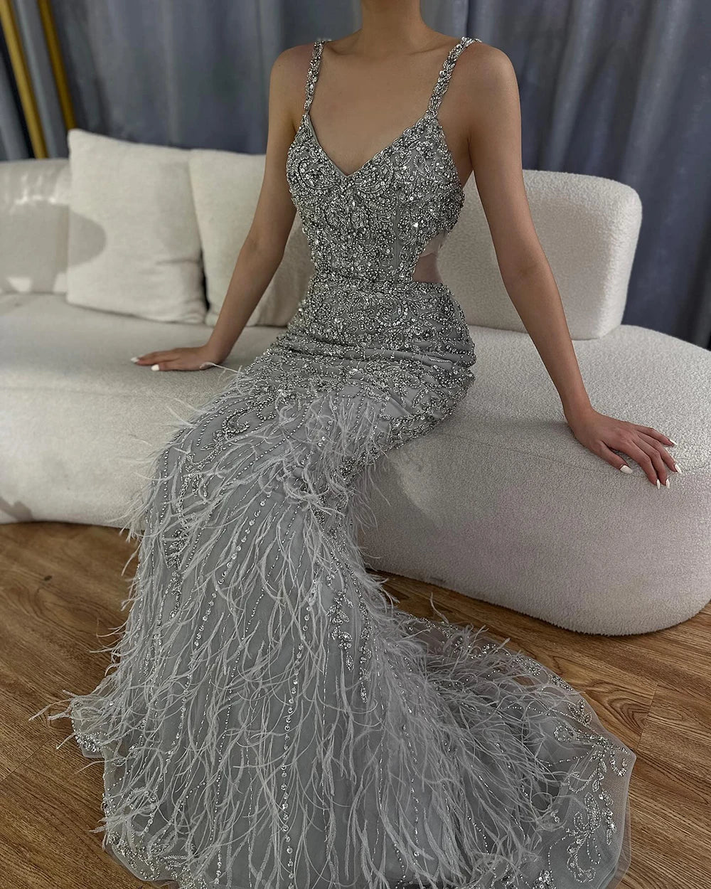 Vestidos de noche de sirena color gris árabe con tirantes finos, lujosos con cuentas, 2025 para bodas y fiestas de mujeres LA71652A 