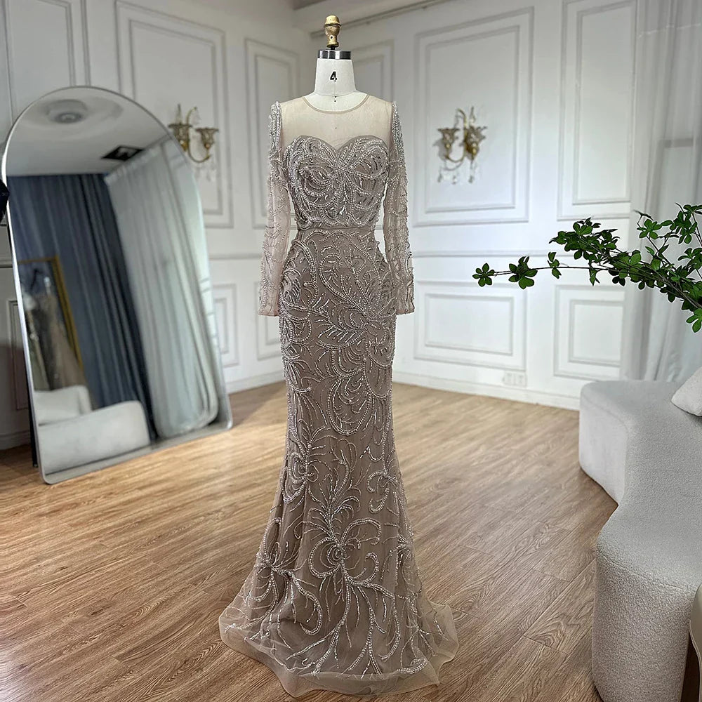 Vestido de noche árabe de lujo con perlas y cuentas, estilo sirena color nude, para ocasiones formales (LA72648) 