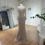 Vestido de noche árabe de lujo con perlas y cuentas, estilo sirena color nude, para ocasiones formales (LA72648) 