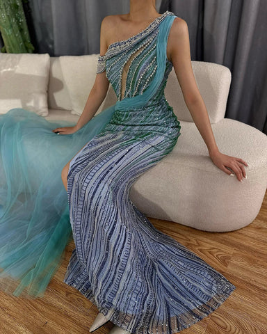Vestido de noche azul de sirena con un solo hombro y abertura alta, estilo árabe, con cuentas, de lujo, para ocasiones formales (LA72718) 