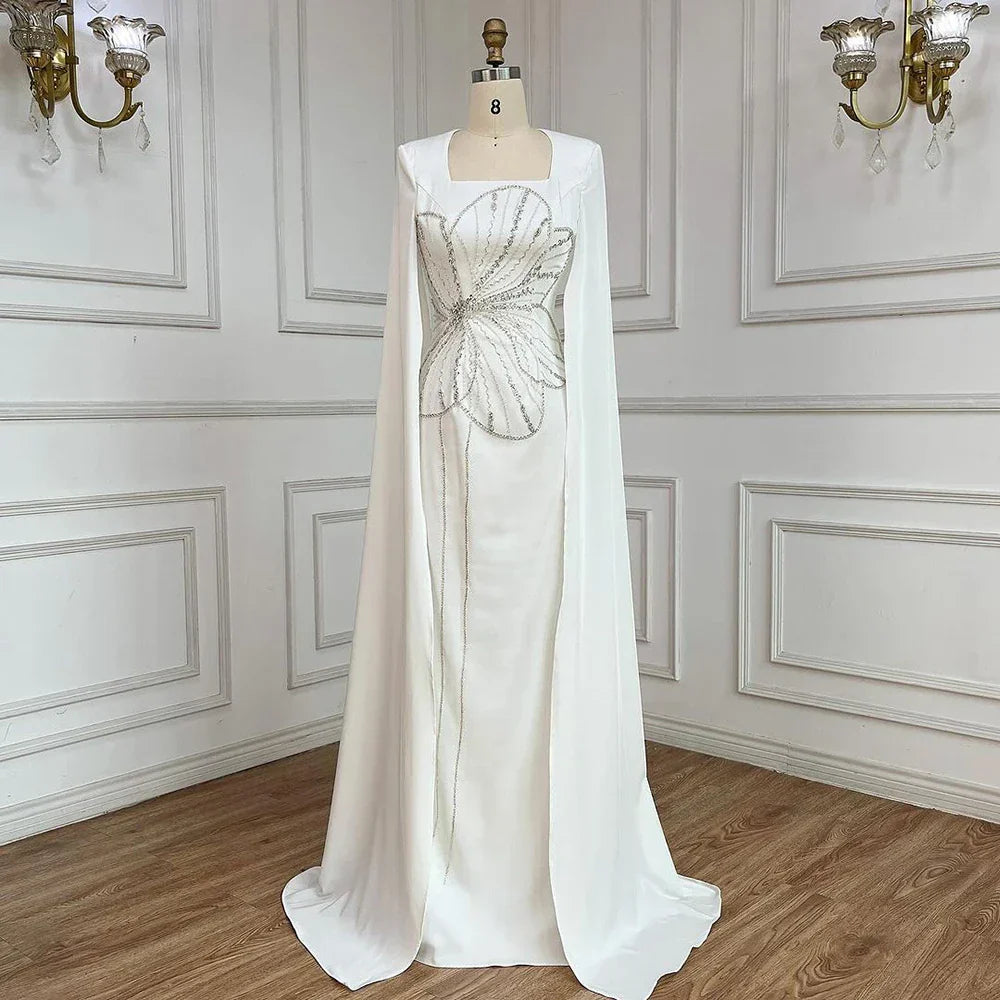 Vestido de noche de lujo estilo sirena, elegante, con mangas capa, bordado en satén y cuentas, estilo árabe, ideal para fiestas y eventos en Dubái (LA72461) 