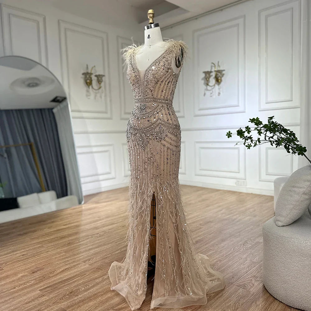 Vestido largo de noche estilo sirena con abertura lateral, elegante, azul árabe, con cuentas y plumas, ideal para ocasiones formales (LA72742) 