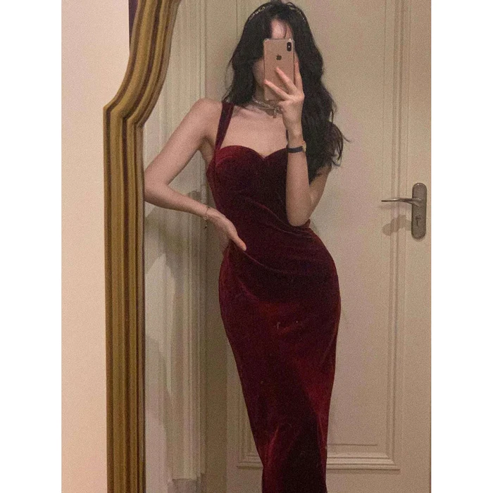 Nouvelle robe d'été vintage sans manches en velours pour femme, bretelles spaghetti, robe moulante sexy, robe de soirée élégante Y1654
