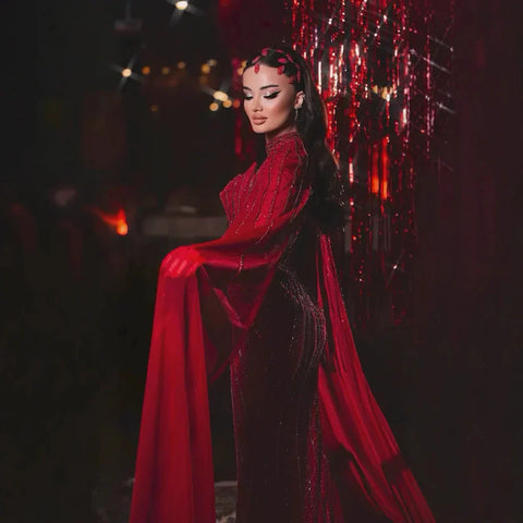 Red Luxury Beaded Mermaid Evening Gown with Cape Sleeves LA72811A