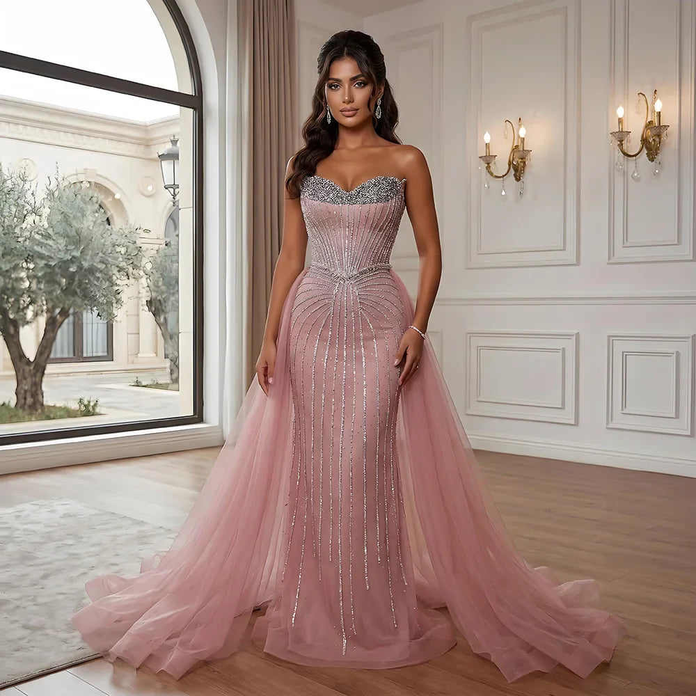 Pink Pearls Beaded Arabic Mermaid Evening Dress with Overskirt LA72811B