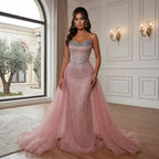 Pink Pearls Beaded Arabic Mermaid Evening Dress with Overskirt LA72811B