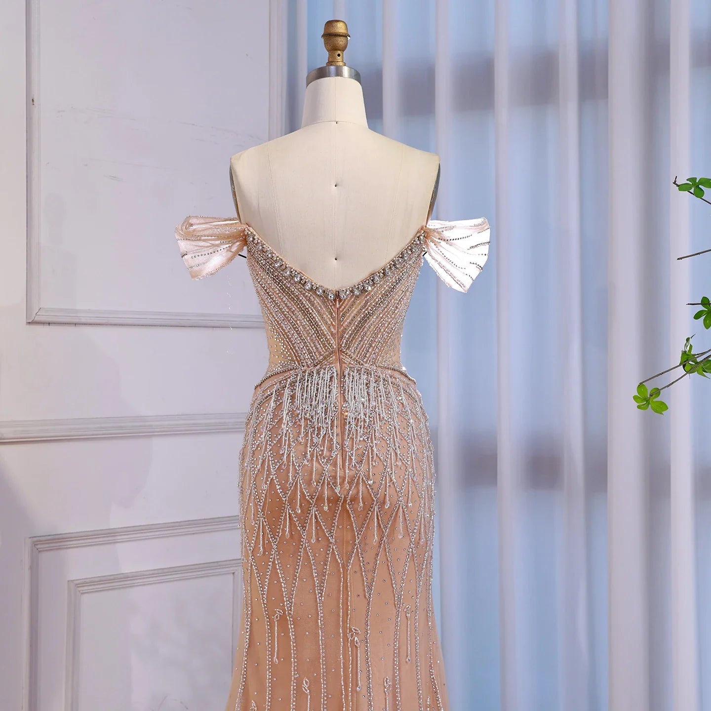 Luxury Nude Off Shoulder Beaded Tassel Evening Dress LA72854A