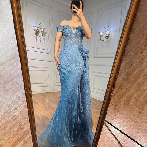 Blue Mermaid Lace Beaded Formal Occasion Evening Dresses With Overskirt Or Woman Wedding  Party Gowns LA72042