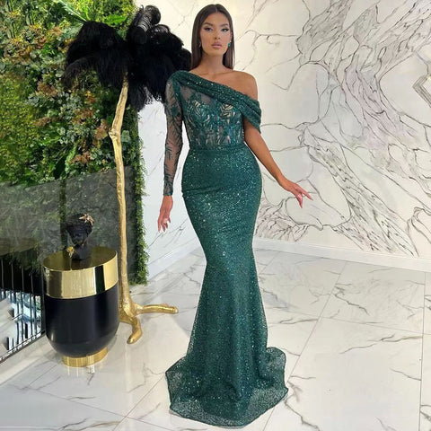 Green Mermaid Elegant Sexy One-Shoulder Evening Dresses Gowns 2025 Luxury Pearls Beaded For Women Party LA71717