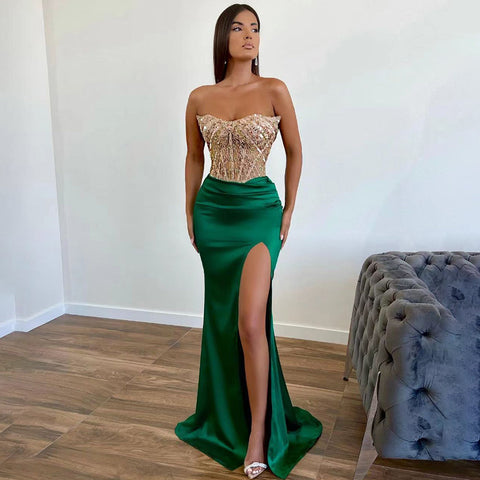 Green Mermaid Elegant Sexy High Split Satin Strapless Evening Dresses Gowns Beaded 2025 For Women Party LA71731