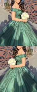 Robe de bal verte avec applications de dentelle, épaules dénudées S13881