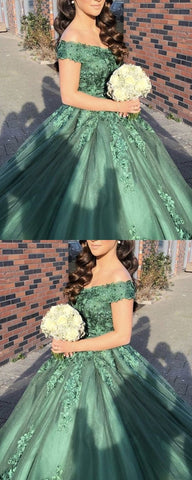 green ball gown prom dresses lace appliques off the shoulder S13881